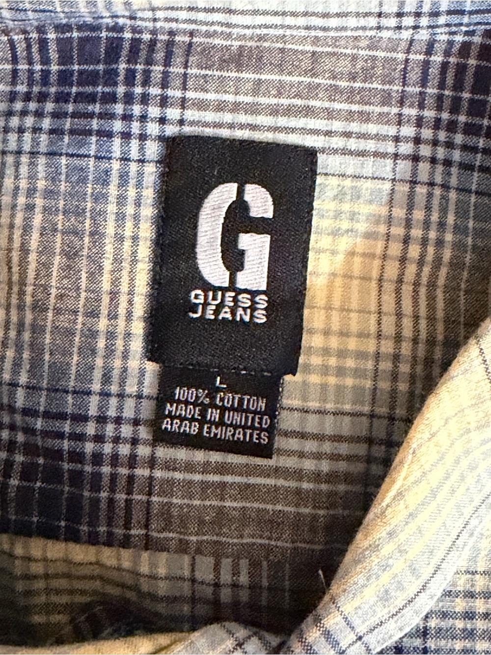 Guess Short-Sleeve Plaid Button-Down Shirt in Navy and Yellow - Picture 3 of 3